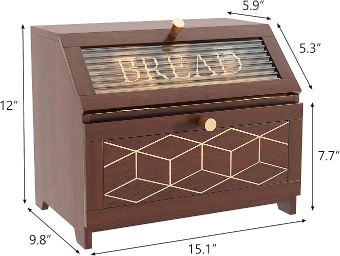 HOLTICO Double Layer Bread Box With Golden Trim for Countertop, Wooden Bread Container for Kitchen Counter, Corner Bread Storage, Brown