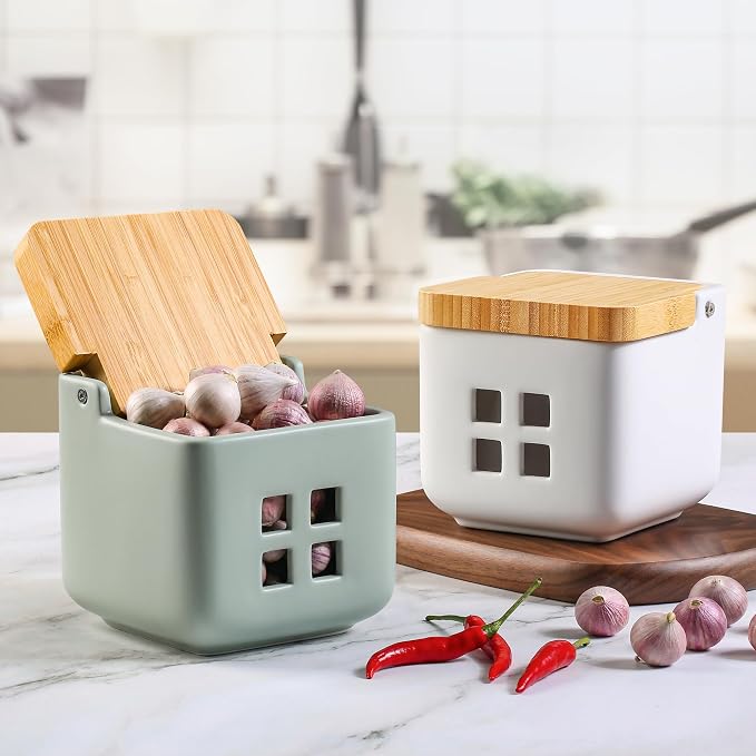 RQYIXI Garlic Container for Counter Ceramic Garlic Keeper Storage Garlic Holder with Lid to Keep Your Garlic Cloves Fresh Longer(Green)