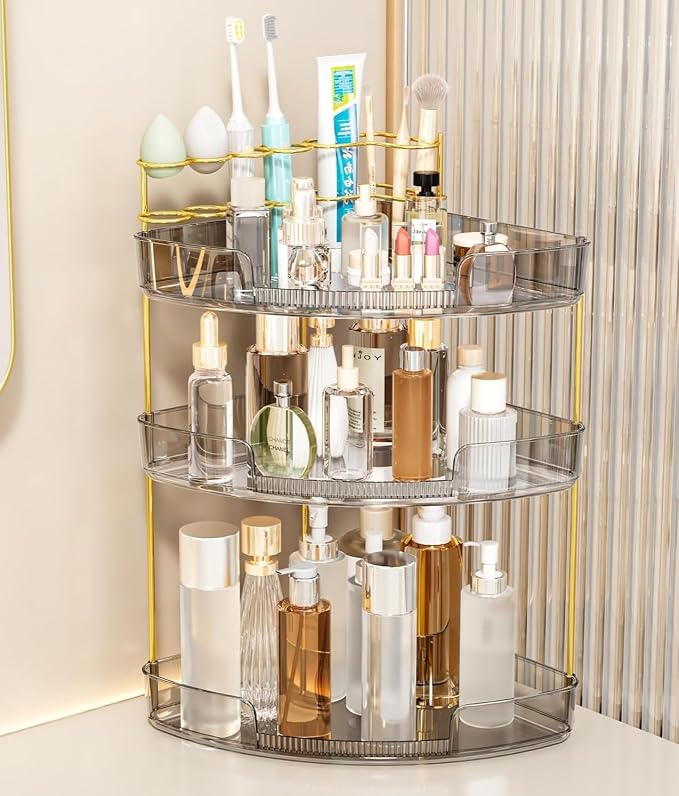 FELIZHOUSE 3-Tier Makeup Organizer for Vanity & Bathroom Countertop – Acrylic Storage Shelf with Perfume Tray & Makeup Brush Holder, Tool-Free Installation, Design for Bathroom & Dresser - Grey