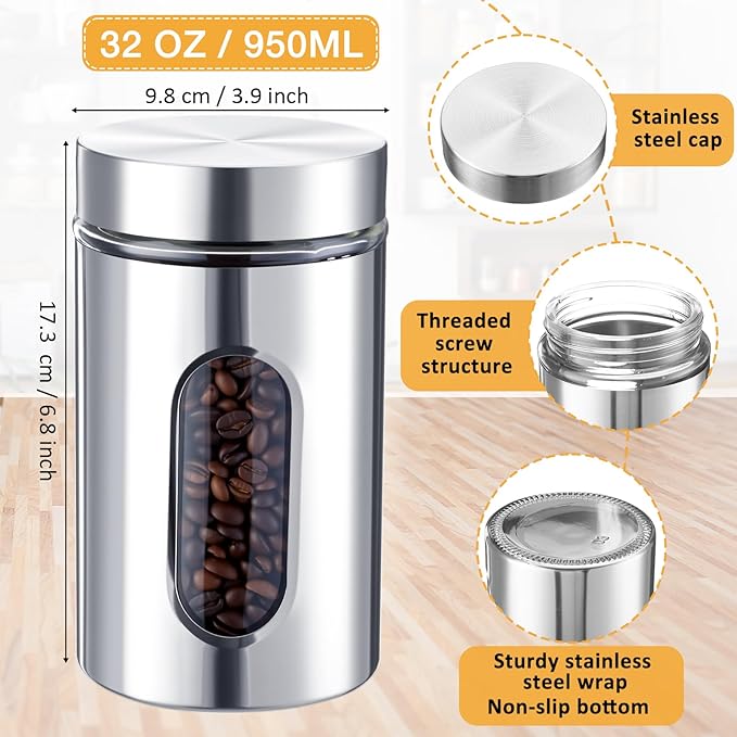 Mimorou 3 Pcs Stainless Steel Canister Set with Glass Windows Visible Storage Jars Silver Kitchen Canister Set for Pasta Flour Oat Sugar Container, Kitchen Tools, Housewarming Gifts(32 oz)