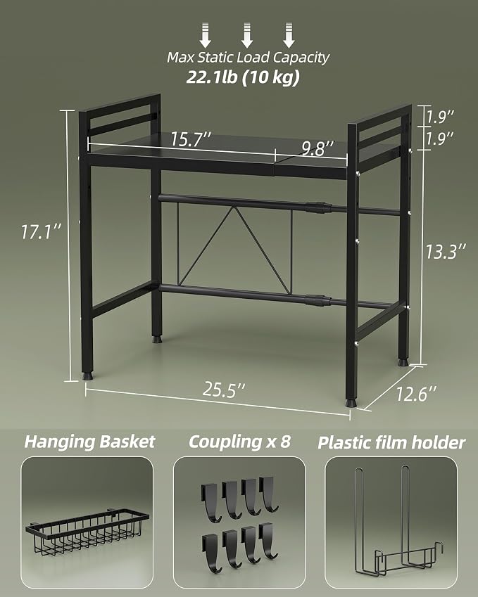 NETEL Expandable Microwave Stand,2 Tier Metal Kitchen Countertop Organizer Shelves with Paper Towel Holder and Baskets,Bakers Rack,Microwave Shelf,Microwave Oven Rack,55lbs Weight Capacity
