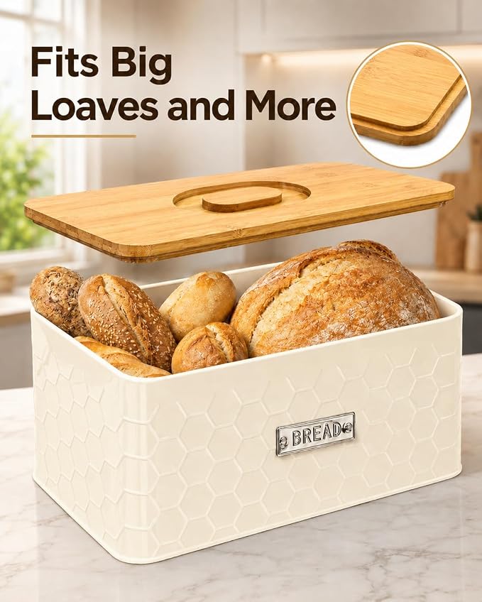 vensovo Bread Box for Countertop – Large Cream White Metal Bread Bin with Bamboo Cutting Board Lid, Farmhouse Bread Storage Container for Homemade Bread, Baked Goods & Kitchen Counter Organization