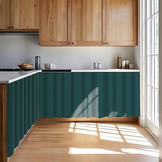 Under Sink Curtain for Closet, Privacy Short Cabinet Curtain Self Stick Adhesive Desk Skirt for Kitchen Classroom, Green, 55" W x 39" L