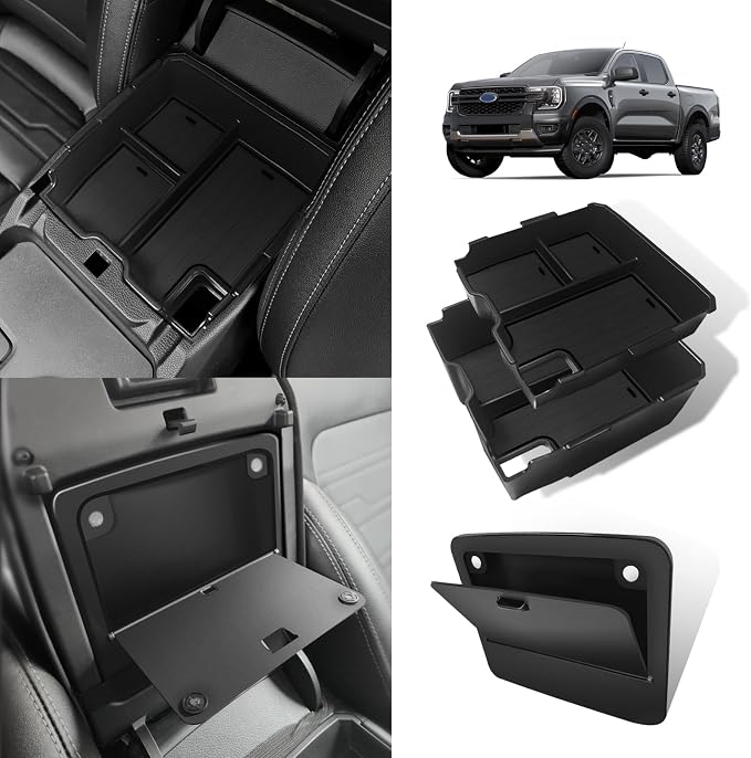 Muslogy Center Console Organizer Two-Layer & Hidden Box Magnet Opening Design Compatible with Ford Ranger 2024 2025 2026 & Raptor Accessories Secret Organizer Insert Tray Divider Storage Box