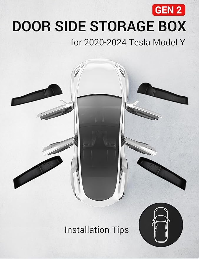 BASENOR 2024-2020 Tesla Model Y Door Side Storage Box with Emergency Button Cutout, Door Organizer Pocket Liners, Waterproof TPE Front & Rear Side Tray Protector Liner Set of 4