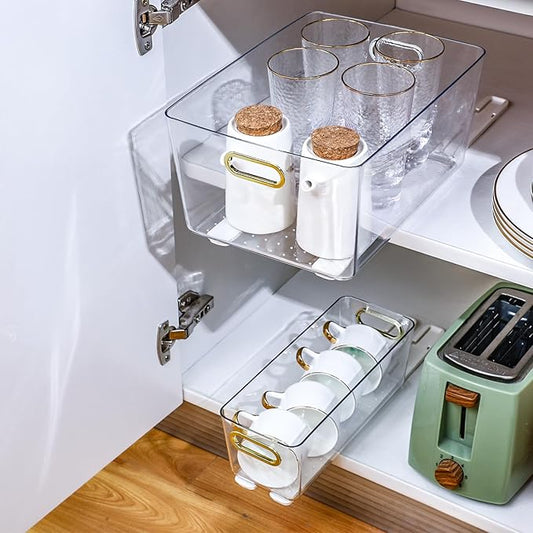 Reallnaive 2 Pcs Clear Pull out Cabinet Organizer with 4 Pcs Adhesive Sliders Rails, Pull out Drawer Organizer Accessories Plastic Slide Storage Drawer for Office Kitchen Bathroom Home School