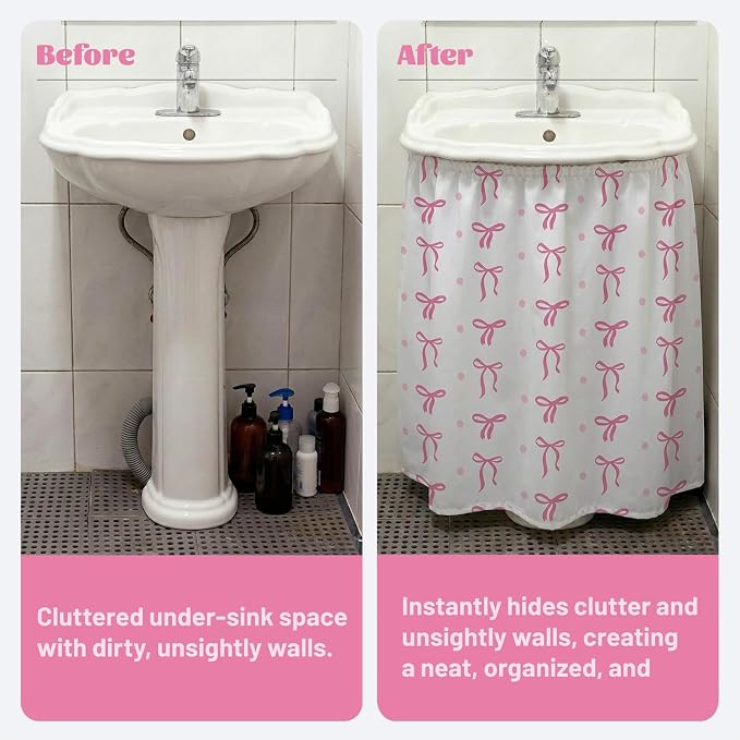 Pink Bow Sink Skirt for Preppy Bathroom Decor, Self Stick Adhesive Waterproof Fabric, Coquettecute Under Sink Curtain Skirt, Pedestal Sink Accessories Decor,