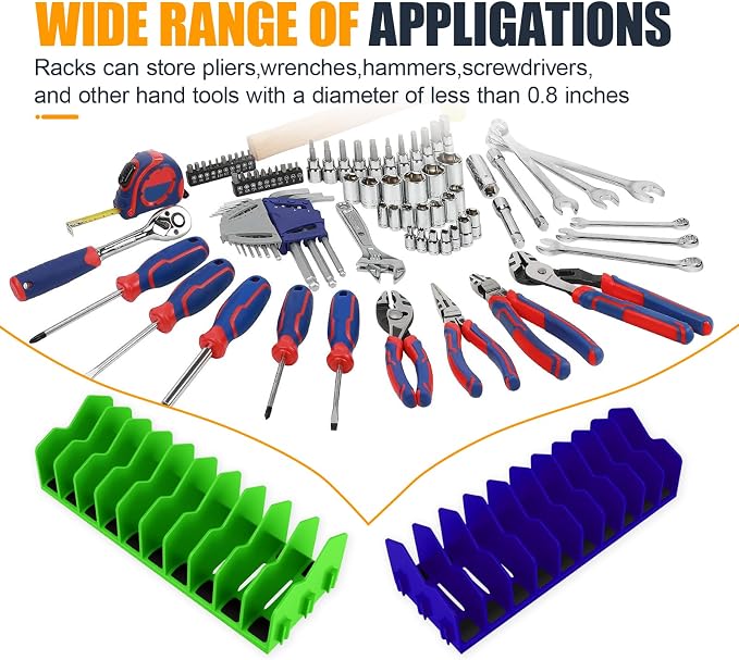 2PCS Plier Organizer Rack, 10-Slot Pliers Cutters Holder with Non-Slip Rubber Base, Extendable ToolBox Drawer Storage Accessories, Fits 3" H Tools, Pliers, Screwdrivers, Wrenches (Blue/Green)