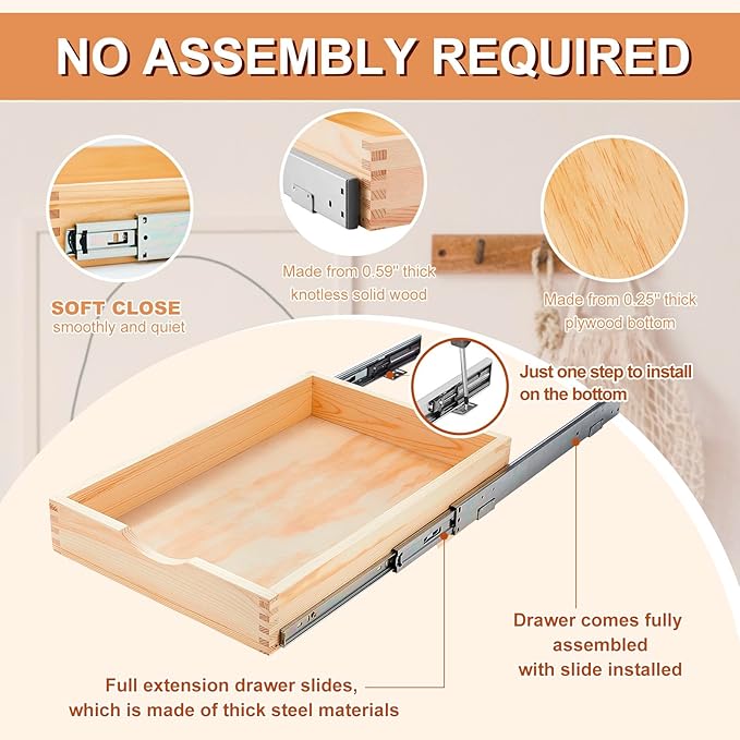 Menkxi 2 Set Wooden Pull out Cabinet Organizer Fully Assembled Slide out Pantry Drawer with Gentle Close Storage Shelf Tray for Base Kitchen Under Sink Bathroom Accessory(Wood Color,15'' X 21'' X 3'')