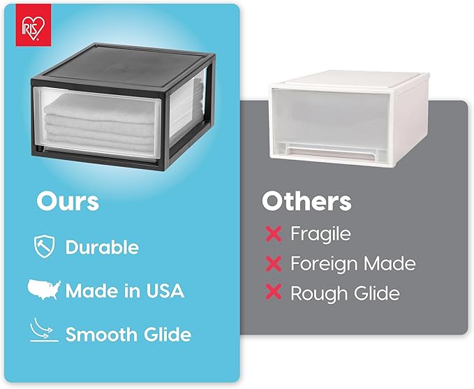 IRIS USA 30 Qt. Plastic Drawer Storage Organizer Stacking Drawers, 2-Pack, Stackable Unit with Sliding Drawer for Clothes Bedroom Kitchen Under Sink Pantry Craft Room Bathroom Dorm Office, Black