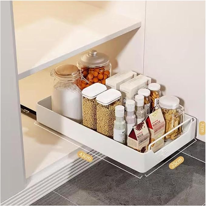 Pull Out Cabinet No Drill No Screw Sliding Storage Solution for Kitchen & Bathroom Cabinets White 43x40x7cm Space Saving Drawer，White 43 * 25 * 7cm