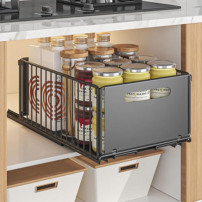 2Pcs Pull Out Cabinet Organizer, Pull out drawers for cabinets with EVA Adhesive Tape, Heavy Duty Sliding Kitchen Organizers and Storage, Suitable for Pantry, Bathroom, Bedroom BlackS