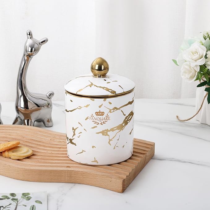 fanquare Small Vintage Porcelain Canister, Normal Size 30 Ounces Ceramic Jar, Nordic White and Gold Countertop Container for Sugar, Tea, Coffee Ground