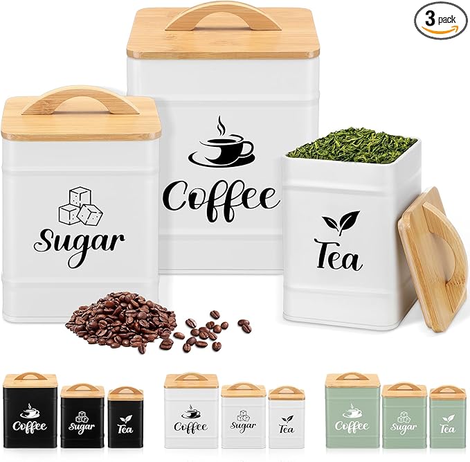 Maxdot 3 Set Coffee Sugar Tea Containers, Square Airtight Kitchen Canisters Storage Ground Organization with Bamboo Lids Rustic Metal Jars for Coffee Bar Beans, Tea Leaves, Food, Countertop(Cream)