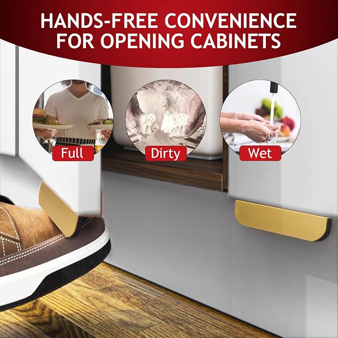 RVPEKUPE 1-Pack Under Cabinet Foot Pull with Adhesive and Screws, Hands Free Toe Foot Pull Opener for Kitchen Trash Cabinet Drawer, 4 Inch (Gold)
