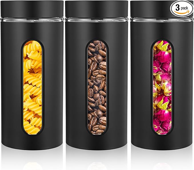 Mimorou 3 Pcs Stainless Steel Canister Set with Glass Windows Visible Storage Jars Silver Kitchen Canister Set for Pasta Flour Oat Sugar Container, Kitchen Tools, Housewarming Gifts(Black,44 oz)