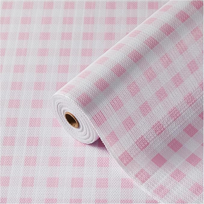 Drawer and Shelf Liner, Non-Slip Kitchen Cabinet Liners Non-Adhesive Thick Strong Grip Waterproof Washable Mats Protect Dresser Shelves Cupboard Bathroom Cabinets, Pink Plaid, 18 in X 20 FT