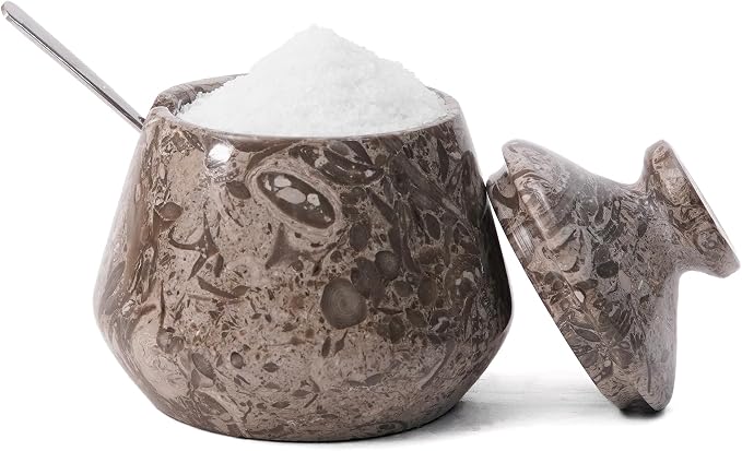Marble Salt Cellar with Lid and Spoon 3" Inches Oceanic Salt Box Spice Jar Handmade Stone Salt Holder Sugar Storage Container for Dinning table Countertop, Ideal Gift For Kitchen Decor
