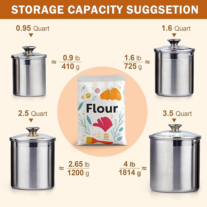 Cooks Standard Classic Stainless Steel Food Jar Storage Canister Set Medium, Airtight Containers with Glass Lid for Tea Coffee Sugar Flour Pantry Kitchen Counter, 4-Piece