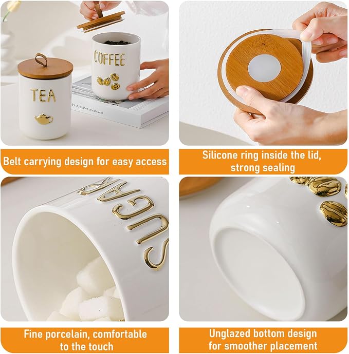 jessie 27oz Ceramics Coffee Canisters with Airtight Seal Bamboo Lid Silicone,Coffee Bean Storage for Kitchen Countertop,Food Storage Jars for Coffee Bean Ground Coffee (Three piece)
