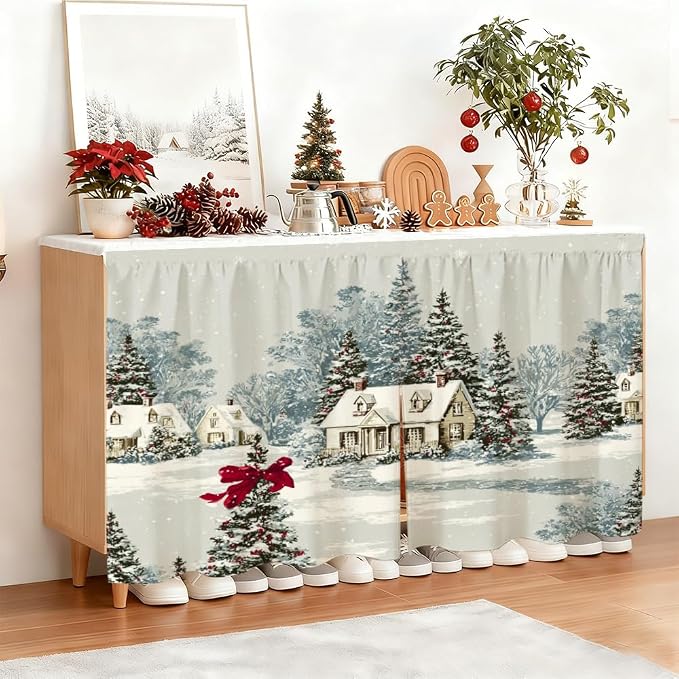 Self Adhesive Vintage Cottage & Pine Cabinet Curtain for Mother's Day, 39x28 Inch Farmhouse Manor Under Sink Skirt No Drill, Spring Cleaning Kitchen Decor, Hook and Loop Laundry Valance