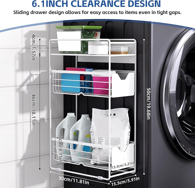 CABTE 3 Tier Magnetic Shelves for Washing Machine with Pull Out Metal Drawer,Magnetic Spice Rack for Fridge,Magnetic Rack with no Installation, Versatile Storage Organizers for Home (White, 3 Tier)