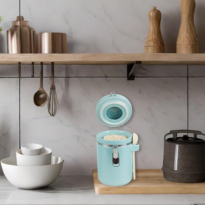 Canister Sets For The Kitchen (4 Piece) Turquoise, High Gloss Ceramic | By Home Basics | Decorative Set | With Wooden Spoons, Countertop For Flour, Sugar, Coffee, and Snacks
