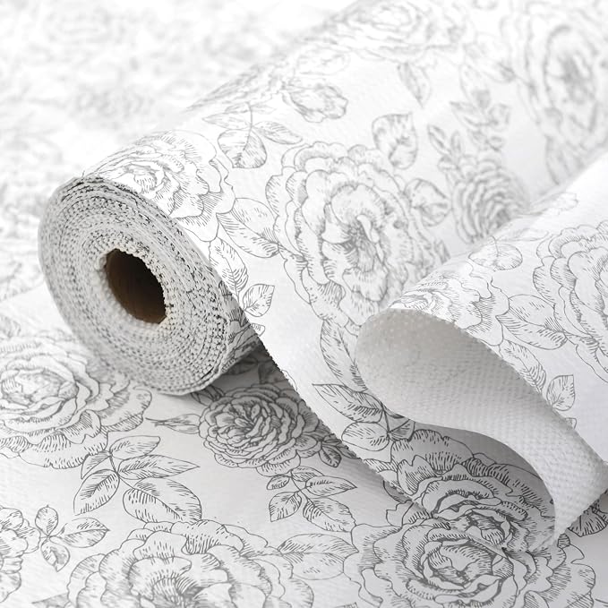 Floral Drawer and Shelf Liner for Kitchen, Non-Slip Non-Adhesive Cabinet Liners for Cupboard, Dresser, Shelves, Tool Box, Pantry, Thickened Easy Install, Strong Grip, 17.5In x 20FT, Rose