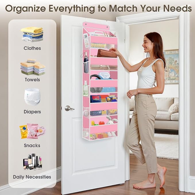 SpaceHacks 5-Tier Over The Door Organizer Hanging Storage Organizers with Clear Window 40lb Large Capacity Room Organizer for Pantry Bathroom Nursery Closet(Pink)