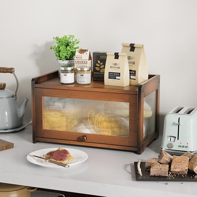BAMBANG Bamboo Bread Box for Kitchen Countertop, Extra Large Farmhouse Bread Box with 4-Side Clear Panels, Wooden Bread Storage Container for Homemade Bread, Amber