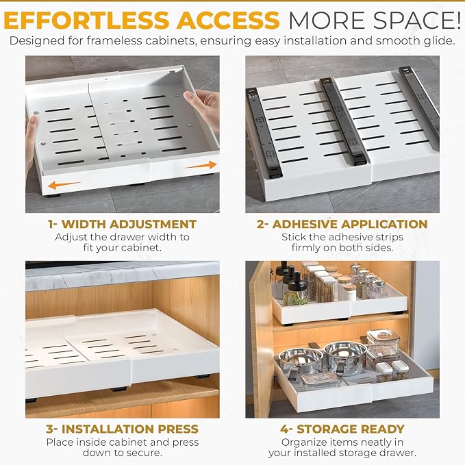 4pack Pull Out Under Sink Organizer – Expandable Sliding Cabinet Shelf for Kitchen, Bathroom, Pantry – Heavy Duty Metal Storage Rack for Cleaning Supplies and Bottles (White, 12.5-19.6 x 21 Inch)