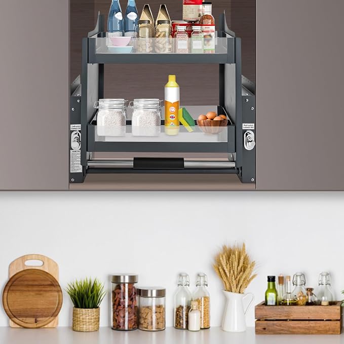 2-Tier Stainless Steel Pull-down Organizer, Ideal Slide out Spice Rack for Cabinet, Blind Corner Cabinet with 4 Baskets (Pull-down)