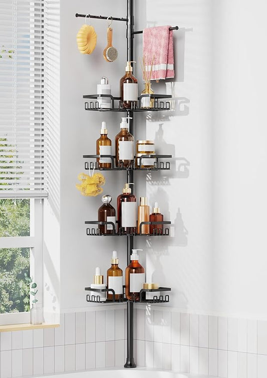 ZUNTO Tension Pole Shower Caddy with 2 Towel Holder and Hooks for Bathroom, Adjustable 25in-114in Floor to Ceiling Shower Organizer, Standing 4 Tier Corner Shelves for Storage and Hanging, Matte Black