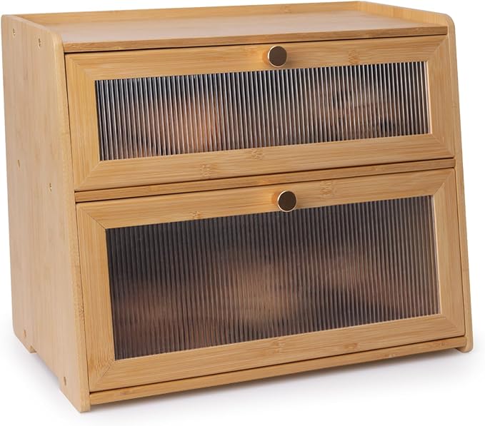Beautiful Bamboo Bread Box for Kitchen Countertop Non-toxic Double Layer Wooden Breadbox Vitamin Organizer Supplement Bottle Organizer Vitamin Bottle Storage Food-Safe (Assemble Instruction Updated)