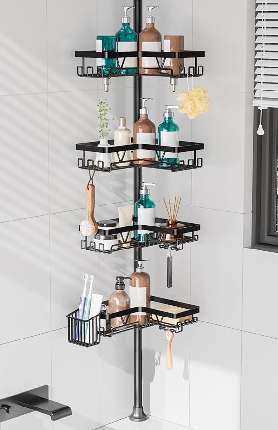 KEGII Corner Shower Caddy Tension Pole with Toothbrush Holder | Adjustable Shower Organizer with Soap Holder and Hooks, No Drilling Rustproof Bathroom Shelf Storage Rack, Fits 25-114.2 Inch