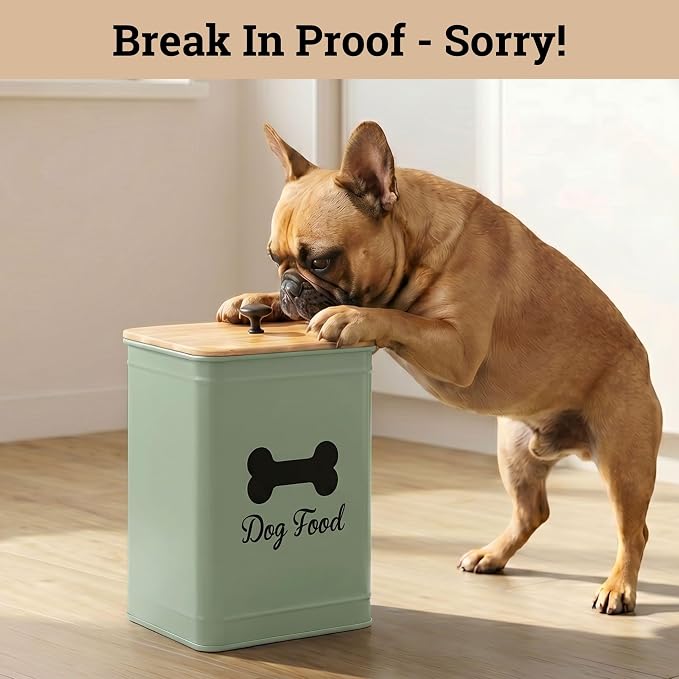 Dog Food Container Airtight 5-7 lb (25 Cup) Capacity - Cute Airtight Dog Food Storage Container with Bamboo Lid & Sturdy Metal Handle - Green Metal Kibble Storage Bin for Dogs up to 50 lbs - Pet Jar