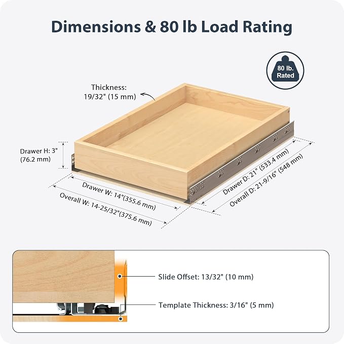 Pull Out Drawers for Cabinets - Birch Wood Pull-Out Drawer 14" W x 21" D - Soft Close Slide Out Shelves for Kitchen Cabinets & Pantry Cabinet Organizer, Heavy Duty, Full-Extension