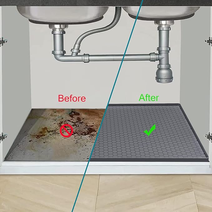 Under Sink Mat 37 x 22 for Kitchen Waterproof, Silicone Under Kitchen Bathroom Sink Liner Mat, Easy to Clean Cabinet Mat Organizers and Storage, Grey