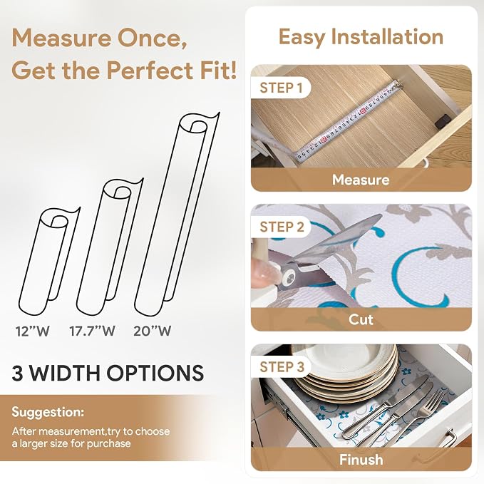 Shelf Liners Non Adhesive 3Rolls*12'' X 120'' Drawer Liner for Kitchen Cabinets, Waterproof Shelf Liners Durable Anti-Slip for Kitchen Cabinets Cupboard Liner