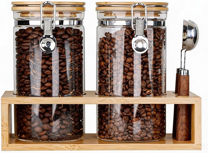 KKC Airtight Coffee Bean Containers with Bamboo Lid & Scoops, 40 oz Glass Coffee Canister Set of 2, Fits 1 lb Coffee Beans, Clear Countertop Coffee Bean Storage Jars for Coffee Station
