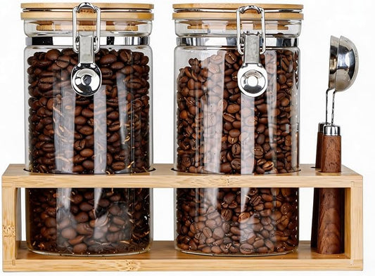 KKC Airtight Coffee Bean Containers with Bamboo Lid & Scoops, 40 oz Glass Coffee Canister Set of 2, Fits 1 lb Coffee Beans, Clear Countertop Coffee Bean Storage Jars for Coffee Station