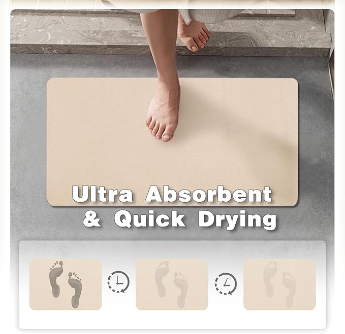 TYUU Bathroom Mat Quick Dry, Bathroom Rugs Non Slip Washable Thin Absorbent Bath Mat Fits Under Door Bathroom Floor Mat Perfect for Bath, Shower, or Sink 17"x59" Beige