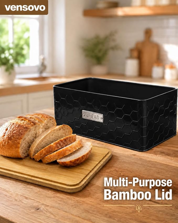 vensovo Bread Box for Countertop – Large Black Metal Bread Bin with Bamboo Cutting Board Lid, Farmhouse Bread Storage Container for Homemade Bread, Baked Goods & Kitchen Counter Organization