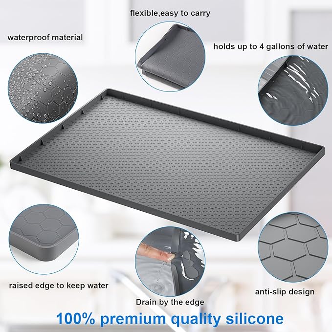 Under Sink Mat - 31" x 22" Waterproof Kitchen Cabinet Mat - Flexible Silicone Under Sink Liner - Kitchen Bathroom Cabinet Mat and Protector for Drips Leaks Spills (Gray)
