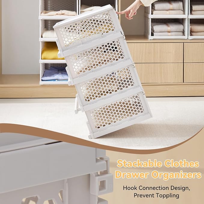 Pull-out Plastic Storage Basket with a Lid,Stackable Closet Organizers Drawer Anti-Tipping,Stable Shelf Container for Bathroom Laundry Room Storage, Space-Saving Clothes Storage (White Gray, L-4 pack)