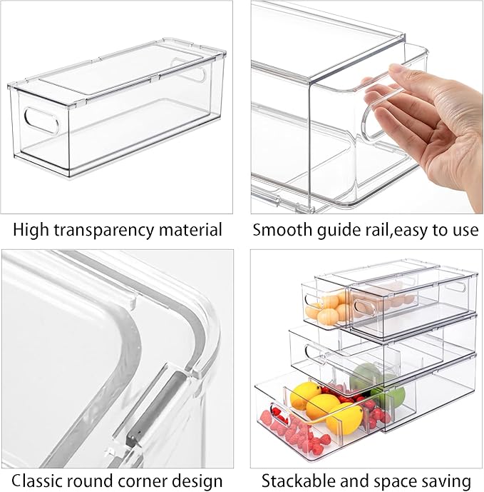 2Pack Stackable Fridge Drawers Pull-Out Bins Divided Produce Saver Containers for Refrigerator Storage Organizers for Veggie Fruit Berry Pantry Cabinet Makeup Clothes