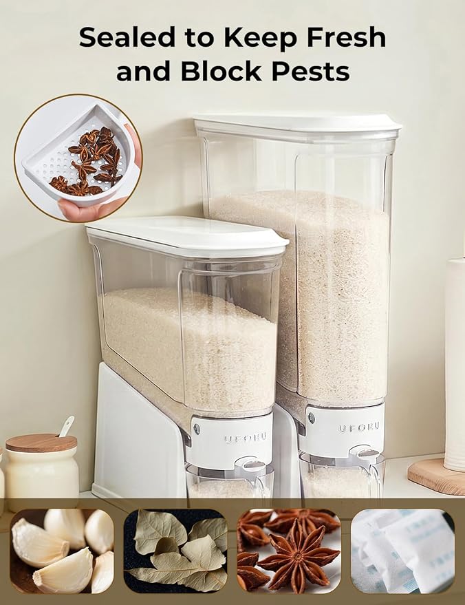 UFORU Rice Dispenser 22Lbs, Slim Rice Storage Container for Small Space, BPA-Free Clear Dry Food Dispenser Sealed Moisture Proof, Grain&Cereal Storage Bucket for Kitchen Pantry Household, White