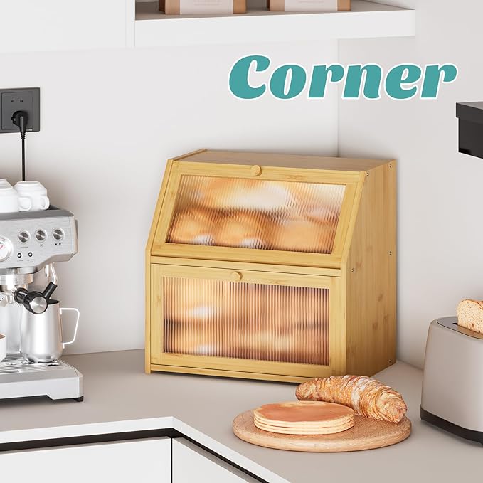 Extra Large Bread Box for Kitchen Counter, Bamboo Wood Double Layer Bread Box for Kitchen Counter, Wooden Capacity Bread Storage Bin