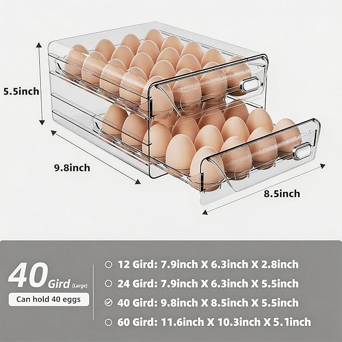 HIYOHIYO Clear 40 Slot Egg Holder for Fridge, 2 Layer, 9.8"x 8.5"x 5.5" | Time Scale Marking, Large Capacity, Stackable, Egg Container for Refrigerator or Countertop