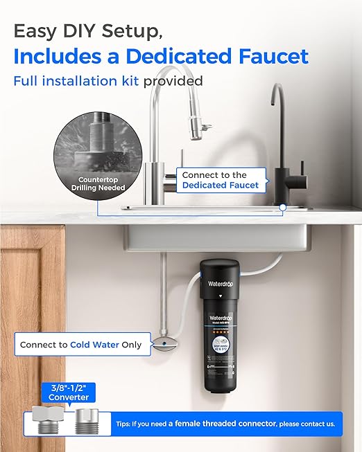 Waterdrop 10UB-B Under Sink Water Filter System, Reduces PFAS, PFOA/PFOS, Lead, Chlorine, Bad Taste & Odor, NSF/ANSI 42 Certified, Under Sink Water Filter with Black Faucet, 1 Year